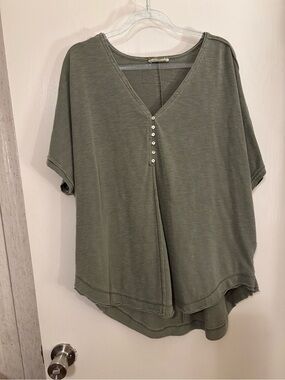 Relaxed Olive V-Neck Short Sleeve Top with Button Detail